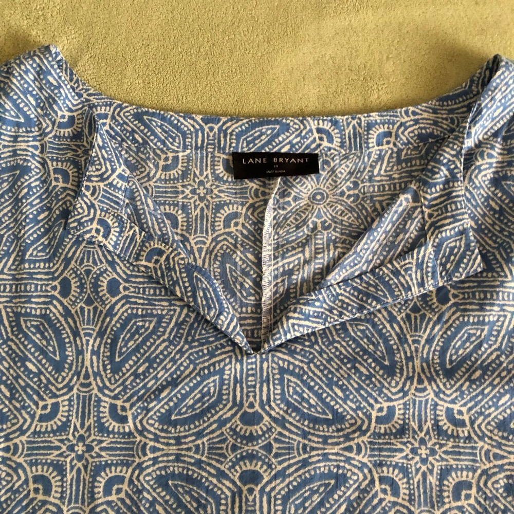 Lane Bryant tunic notch neck flap blue white paisley tile pattern tie waist - Picture 4 of 14